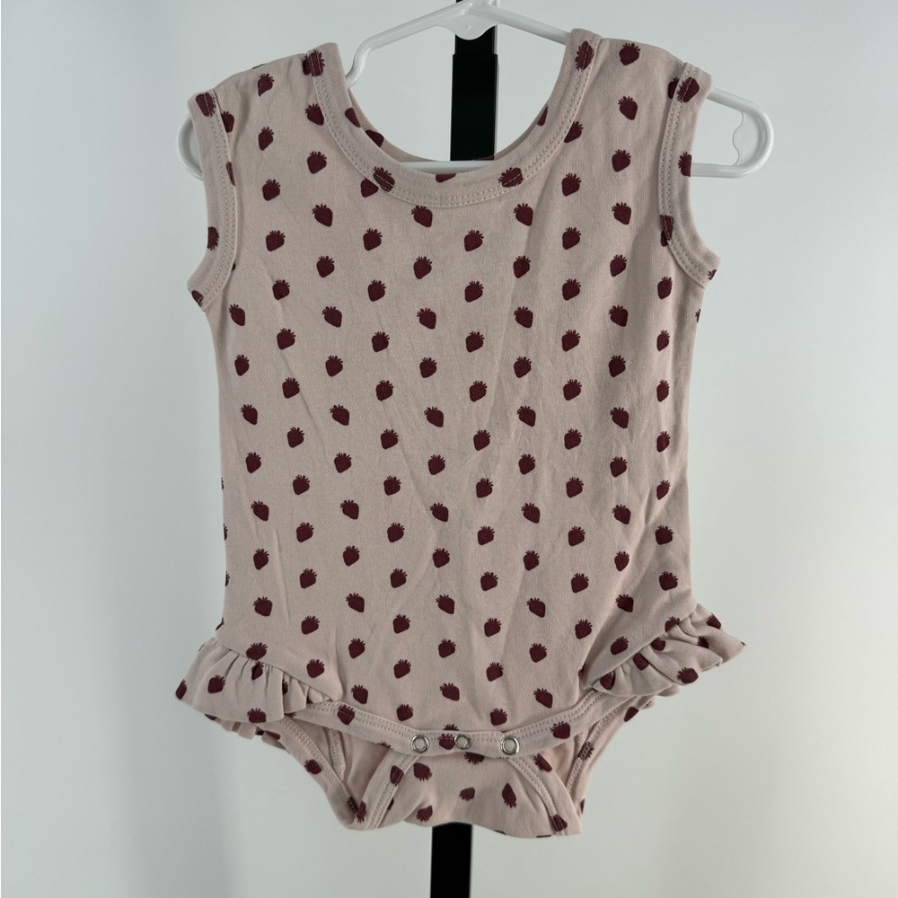 Kate Quinn baby pink strawberry onesie size 12-18 months with ruffles around leg